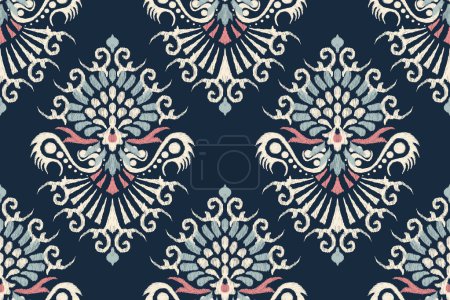 Illustration for Ikat floral seamless pattern on navy blue background vector illustration.Ikat oriental embroidery.Aztec style,hand drawn,baroque.design for texture,fabric,clothing,wrapping,decoration,surface print. - Royalty Free Image