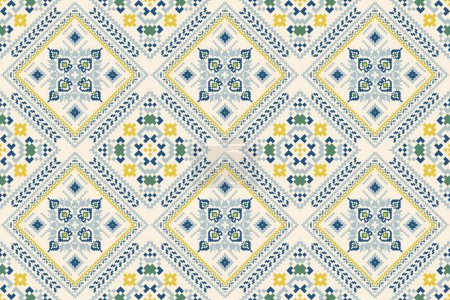 Floral pixel art embroidery on white background.geometric ethnic oriental seamless pattern.Aztec style,abstract,vector illustration.design for texture,fabric,clothing,decoration,surface print,tile.