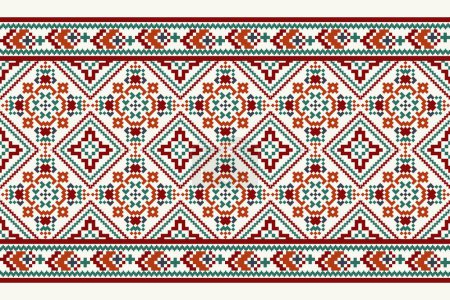 Floral Cross Stitch Stickerei auf weißem Hintergrund. Geometrische ethnische orientalische Mustervektorillustration, aztekischer Stil, abstrakter Hintergrund. Design für Textur, Stoff, Kleidung, Dekoration, Sarong, Schal, Teppich.