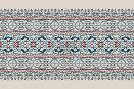 Geometrische ethnische orientalische Mustervektorillustration. Florale Pixelkunst-Stickerei auf grauem Hintergrund, aztekischem Stil, abstraktem Hintergrund. Design für Textur, Stoff, Kleidung, Verpackung, Dekoration, Schal, Druck.