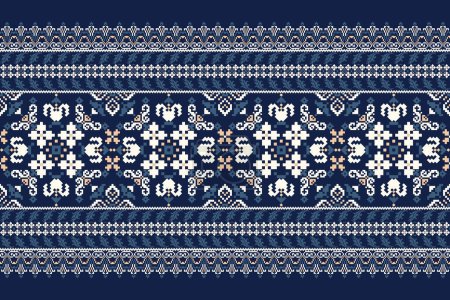 Geometric ethnic oriental pattern traditional on navy blue background.floral pixel art embroidery vector illustration.Aztec style,abstract background.design for texture,fabric,cloth,decoration,scarf.