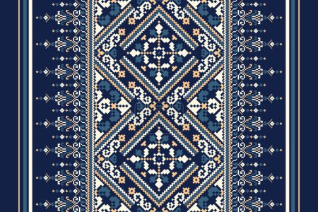 Geometric ethnic oriental pattern traditional on navy blue background.floral pixel art embroidery vector illustration.Aztec style,abstract background.design for texture,fabric,cloth,decoration,scarf.