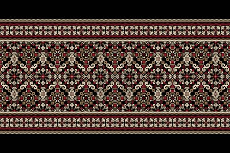 Modèle oriental ethnique géométrique traditionnel sur fond noir. Illustration vectorielle de broderie pixel art floral. Style aztèque, fond abstrait. Conception pour texture, tissu, tissu, décoration, écharpe, impression.