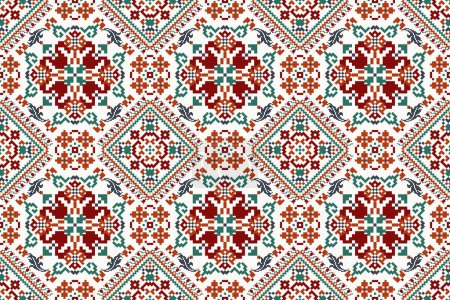 Geometric ethnic oriental seamless pattern traditional on white background.floral pixel art embroidery vector illustration.Aztec style,abstract background.design for texture,fabric,cloth,surface,print