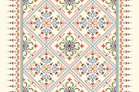 Ilustración de Geométrica étnica oriental patrón vector illustration.floral pixel arte bordado sobre fondo blanco, estilo azteca, abstracto background.design para textura, tela, ropa, envoltura, decoración, bufanda, impresión - Imagen libre de derechos