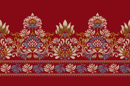 Damask Ikat floral pattern on red background vector illustration.geometric ethnic Ikat oriental embroidery.Aztec style,hand drawn,baroque.design for texture,fabric,clothing,wrapping,decoration,sarong.