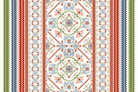 Floral Geometric ethnic pattern on white background vector illustration.pixel art embroidery,Aztec style,abstract background.design for texture,fabric,clothing,wrapping,decoration,sarong,scarf,print.