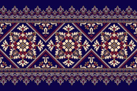 Geometric ethnic oriental pattern vector illustration.floral pixel art embroidery on purple background,Aztec style,abstract background.design for texture,fabric,clothing,wrapping,decoration,scarf,rug.