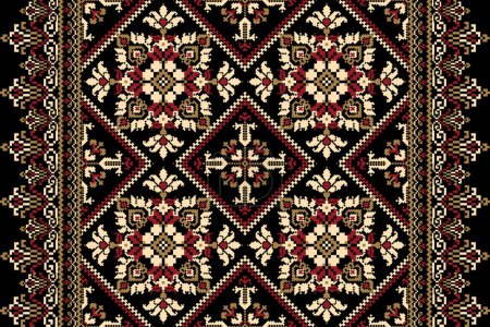 Geometrische ethnische orientalische Mustervektorillustration. Florale Pixelkunst-Stickerei auf schwarzem Hintergrund, aztekischem Stil, abstraktem Hintergrund. Design für Textur, Stoff, Kleidung, Verpackung, Dekoration, Schal, Druck