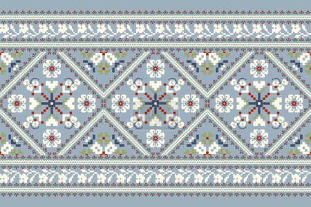 Geometrische ethnische orientalische Mustervektorillustration. Florale Pixelkunst-Stickerei auf marineblauem Hintergrund, aztekischem Stil, abstraktem Hintergrund. Design für Textur, Stoff, Kleidung, Verpackung, Dekoration, Schal.