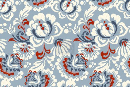 Damask Ikat floral seamless pattern.Ikat oriental embroidery on blue background vector illustration.Aztec style,hand drawn,baroque.design for texture,fabric,clothing,decoration,surface print,scarf.