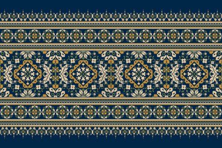 Illustration for Geometric ethnic oriental pattern vector illustration.floral pixel art embroidery on navy blue background,Aztec style,abstract background.design for texture,fabric,clothing,wrapping,decoration,scarf. - Royalty Free Image