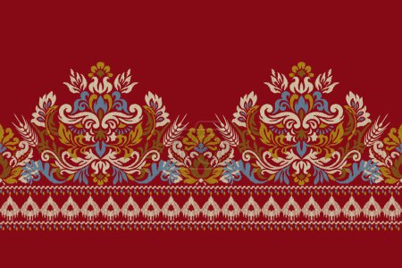 Illustration for Damask Ikat floral pattern on red background vector illustration.ink texture embroidery.Aztec style abstract,hand drawn,baroque.design for texture,fabric,clothing,wrapping,decoration,scarf,sarong. - Royalty Free Image