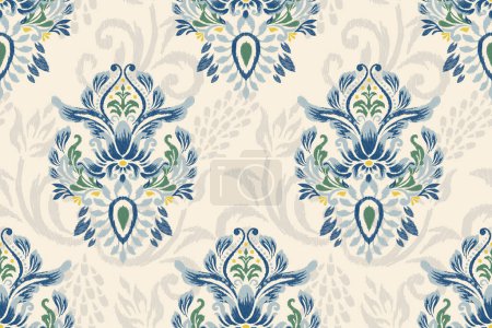 Ikat floral seamless pattern on white background vector illustration.Ikat oriental embroidery.Aztec style,hand drawn,baroque pattern.design for texture,fabric,clothing,decoration,sarong,fashion women.