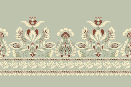 Illustration for Damask Ikat floral pattern on green background vector illustration.ink texture embroidery.Aztec style abstract,hand drawn,baroque.design for texture,fabric,clothing,wrapping,decoration,scarf,sarong. - Royalty Free Image