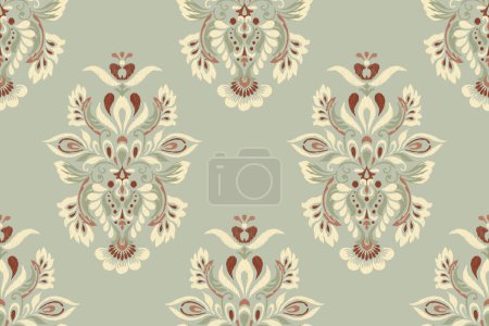 Ikat floral seamless pattern on green background vector illustration.Ikat oriental embroidery.Aztec style,hand drawn,baroque pattern.design for texture,fabric,clothing,decoration,sarong,fashion women.