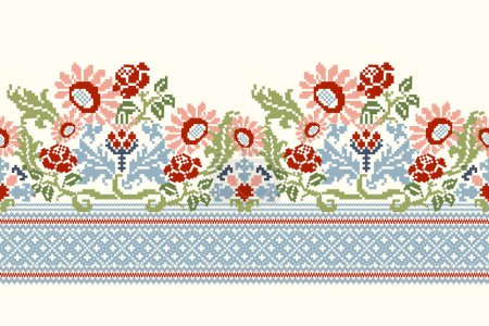 Geometrische ethnische orientalische Mustervektorillustration. Florale Pixelkunst-Stickerei auf weißem Hintergrund. Aztekischer Stil, abstraktes, slawisches Ornament.Design für Textur, Stoff, Kleidung, Verpackung, Dekoration.