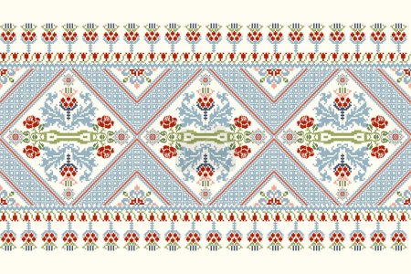 Geometrische ethnische orientalische Mustervektorillustration. Florale Pixelkunst Stickerei auf weißem Hintergrund, aztekischer Stil, abstrakter Hintergrund. Design für Textur, Stoff, Kleidung, Verpackung, Dekoration, Schal, Druck