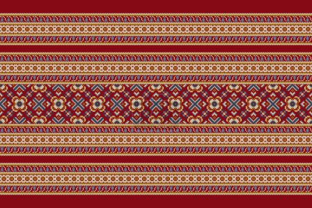 Geometric ethnic oriental pattern vector illustration.floral pixel art embroidery on red background,Aztec style,abstract background.design for texture,fabric,clothing,wrapping,decoration,scarf,print