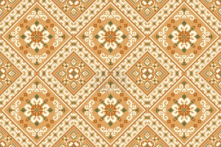 Geometric ethnic oriental seamless pattern traditional on orange background.floral pixel art embroidery vector illustration.Aztec style,abstract background.design for texture,fabric,cloth,surface.