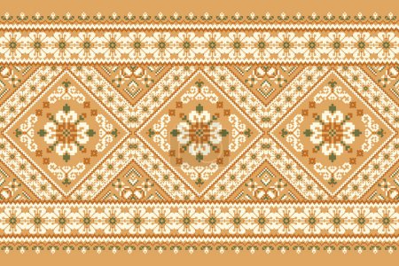 Floral Geometric Ethnic Muster auf orangefarbenem Hintergrund Vektor Illustration. Pixel Art Stickerei, aztekischen Stil, abstrakten Hintergrund. Design für Textur, Stoff, Kleidung, Verpackung, Dekoration, Sarong, Schal, Druck.