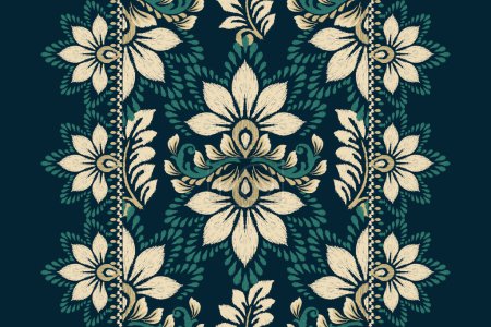 Patrón floral Ikat en azul marino vector de fondo illustration.damask Ikat estilo oriental embroidery.Aztec, tradicional, dibujado a mano, barroco art.design para textura, tela, ropa, decoración, alfombra.