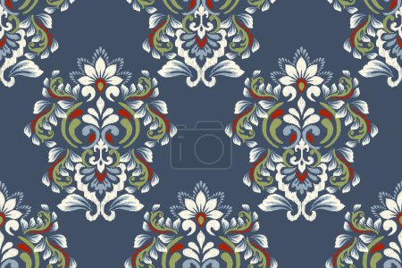Ikat floral seamless pattern on blue background vector illustration.damask Ikat oriental embroidery.Aztec style,traditional,hand drawn,baroque art.design for texture,fabric,clothing,decoration,sarong.