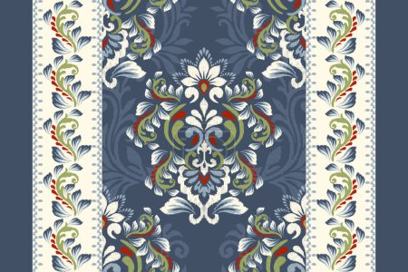 Ikat patrón floral sobre fondo azul vector illustration.damask Ikat estilo oriental embroidery.Aztec, tradicional, dibujado a mano, barroco art.design para textura, tela, ropa, decoración, alfombra, bufanda.
