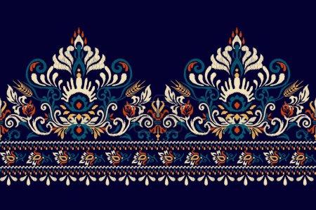 Arabesque motif floral Ikat sur fond bleu marine illustration vectorielle.Ikat broderie ethnique orientale.Style aztèque, dessiné à la main, baroque.design pour la texture, tissu, vêtements, emballage, décoration, sarong.