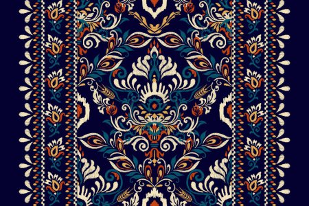 Arabesque Ikat floral pattern on navy blue background vector illustration.Ikat ethnic oriental embroidery.Aztec style,hand drawn,baroque.design for texture,fabric,clothing,wrapping,decoration,carpet.