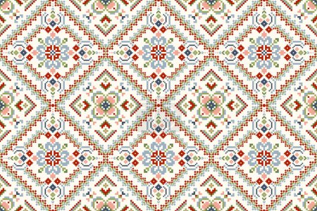 Illustration vectorielle sans couture géométrique ethnique orientale.broderie florale pixel art sur fond blanc, style aztèque, fond abstrait .design pour la texture, tissu, vêtements, décoration, impression, impression