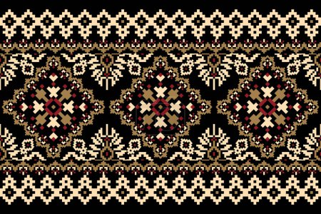 Geometric ethnic oriental pattern vector illustration.floral pixel art embroidery on black background,Aztec style,abstract background.design for texture,fabric,clothing,wrapping,decoration,scarf,print