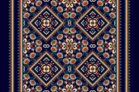 Geometric ethnic oriental pattern vector illustration.floral pixel art embroidery on navy blue background,Aztec style,abstract background.design for texture,fabric,clothing,wrapping,decoration,scarf.