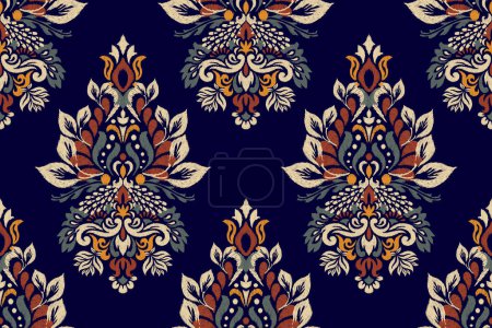 Illustration for Ikat floral seamless pattern on purple background vector illustration.Ikat oriental embroidery.Aztec style,hand drawn,baroque pattern.design for texture,fabric,clothing,decoration,sarong,fashion women - Royalty Free Image