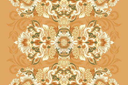 Damask Ikat floral pattern on orange background vector illustration.ink texture embroidery.Aztec style abstract,hand drawn,baroque.design for texture,fabric,clothing,wrapping,decoration,scarf,carpet.