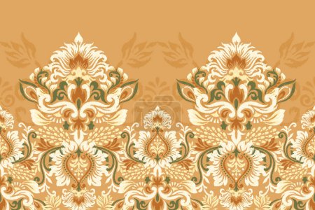 Illustration for Damask Ikat floral pattern on orange background vector illustration.geometric ethnic Ikat oriental embroidery.Aztec style,hand drawn,baroque.design for texture,fabric,clothing,wrapping,decoration,rug. - Royalty Free Image