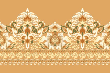 Illustration for Damask Ikat floral pattern on orange background vector illustration.geometric ethnic Ikat oriental embroidery.Aztec style,hand drawn,baroque.design for texture,fabric,clothing,wrapping,decoration,rug. - Royalty Free Image