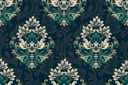 Ikat floral seamless pattern on black background vector illustration.Ikat oriental embroidery.Aztec style,hand drawn,baroque pattern.design for texture,fabric,clothing,decoration,sarong,fashion women.