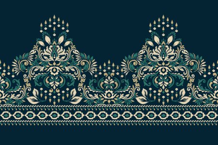 Illustration for Damask Ikat floral pattern on black background vector illustration.ink texture embroidery.Aztec style abstract,hand drawn,baroque.design for texture,fabric,clothing,wrapping,decoration,scarf,sarong. - Royalty Free Image