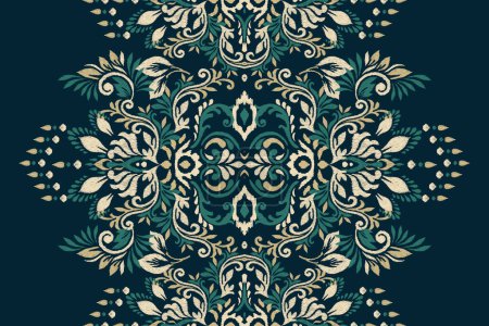 Damask Ikat floral pattern on black background vector illustration.ink texture embroidery.Aztec style abstract,hand drawn,baroque.design for texture,fabric,clothing,wrapping,decoration,scarf,carpet.