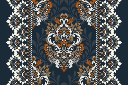 Illustration for Damask Ikat floral pattern on navy blue background vector illustration.ink texture embroidery.Aztec style abstract,hand drawn,baroque.design for texture,fabric,clothing,decoration,scarf,carpet,textile - Royalty Free Image