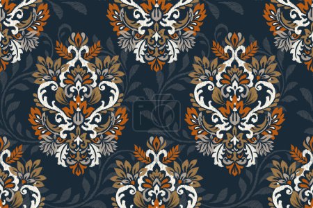 Illustration for Ikat floral seamless pattern on navy blue background vector illustration.Ikat oriental embroidery.Aztec style,hand drawn,baroque pattern.design for texture,fabric,clothing,decoration,sarong,fashion. - Royalty Free Image
