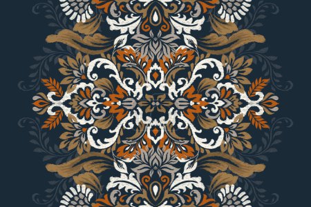 Illustration for Damask Ikat floral pattern on navy blue background vector illustration.ink texture embroidery.Aztec style abstract,hand drawn,baroque.design for texture,fabric,clothing,decoration,scarf,carpet,textile - Royalty Free Image