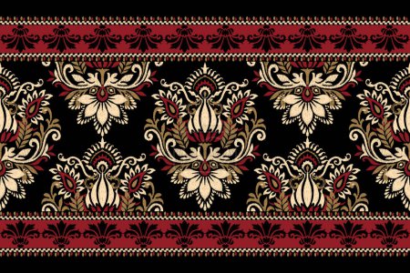 Illustration for Damask Ikat floral pattern on black background vector illustration.ink texture embroidery.Aztec style abstract,hand drawn,baroque.design for texture,fabric,clothing,wrapping,decoration,scarf,carpet. - Royalty Free Image