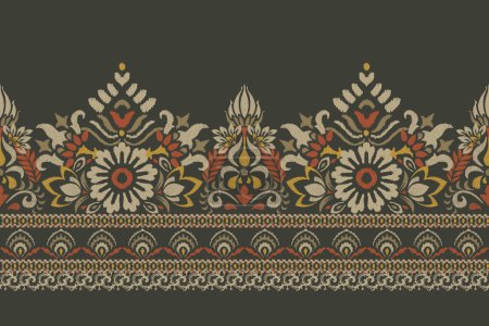 Damask Ikat floral pattern on green background vector illustration.ink texture embroidery.Aztec style abstract,hand drawn,baroque.design for texture,fabric,clothing,wrapping,decoration,scarf,print.