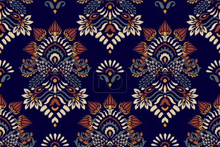 Illustration for Ikat floral seamless pattern on purple background vector illustration.Ikat oriental embroidery.Aztec style,hand drawn,baroque pattern.design for texture,fabric,clothing,decoration,sarong,fashion women - Royalty Free Image