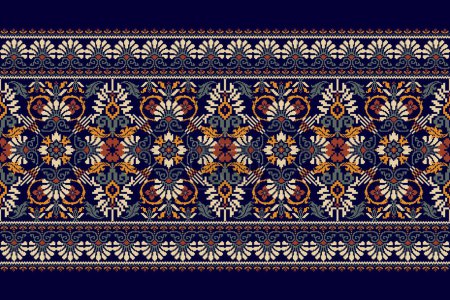 Geometrische ethnische orientalische Mustervektorillustration. Florale Pixelkunst-Stickerei auf marineblauem Hintergrund, aztekischem Stil, abstraktem Hintergrund. Design für Textur, Stoff, Kleidung, Verpackung, Dekoration, Schal.