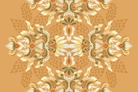 Illustration for Persian rug.Ikat floral pattern on orange background vector illustration.Ikat ethnic oriental embroidery.Aztec style,abstract.design for texture,fabric,clothing,decoration,carpet,Persian rug,print. - Royalty Free Image