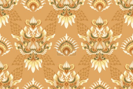 Italian seamless pattern on orange background.Ikat floral embroidery vector illustration.baroque style,hand drawn,fashion women.design for texture,fabric,clothing,wrapping paper,decoration,scrapbook.