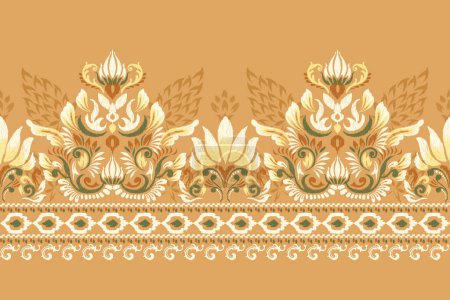 Damask Ikat floral pattern on orange background vector illustration.ink texture embroidery.Aztec style abstract,hand drawn,baroque.design for texture,fabric,clothing,wrapping,decoration,scarf,sarong.